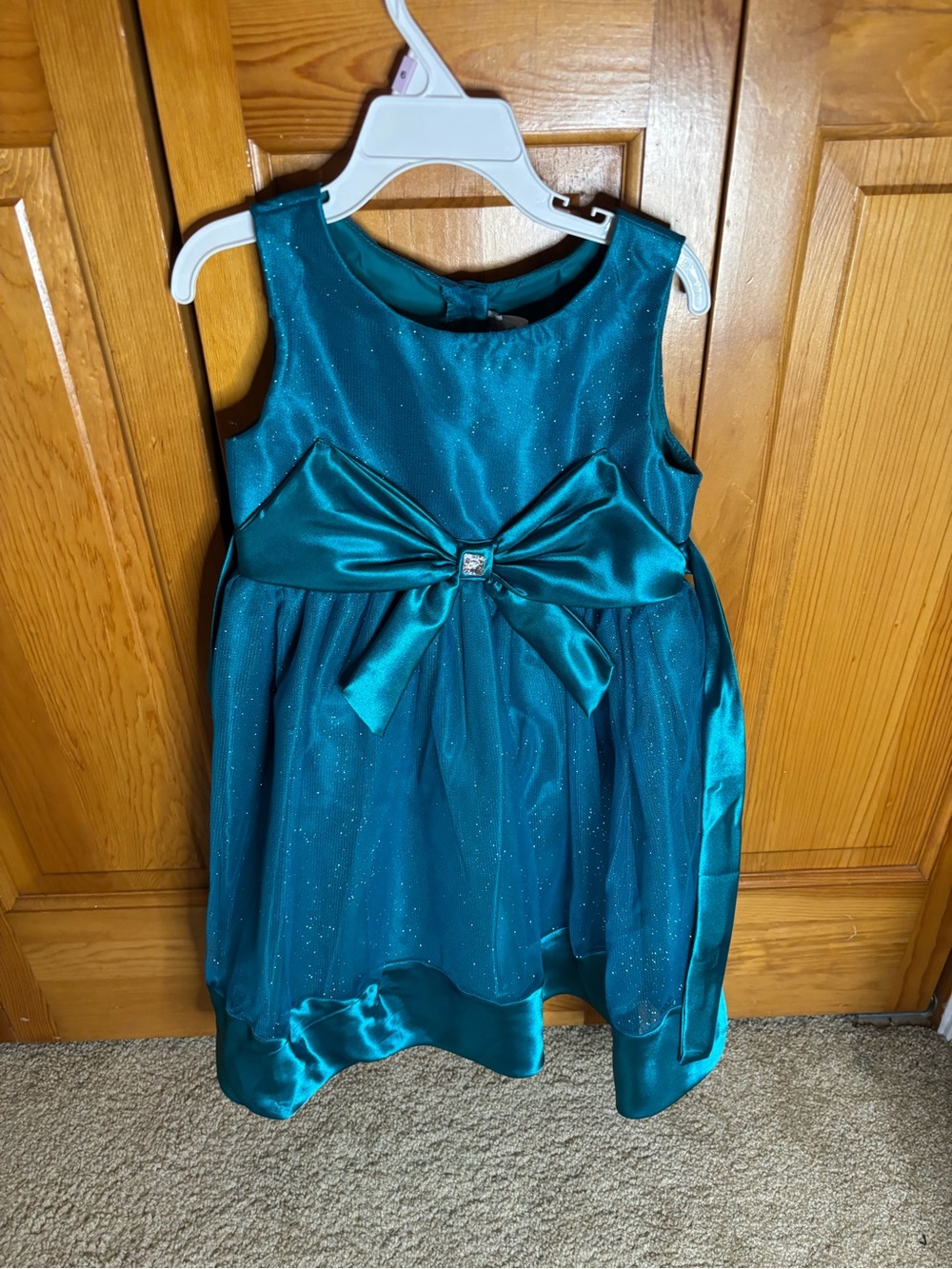 Sweet Heart Rose Teal Sparkle Satin Bow Dress